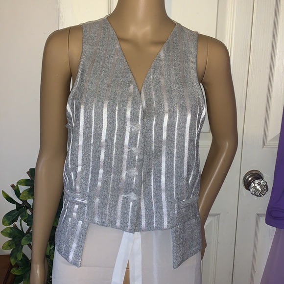 Vtg 90s y2k sleeveless grey white stripe sheer chiffon vest tunic top M - Picture 4 of 16